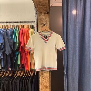 Vintage Cream/Blue/Red V Neck T-Shirt